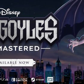 The logo for Gargoyles Remastered, against an animated image of a cityscape. On the right side of the city is the gargoyle Goliath, perched on the edge of a roof.