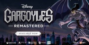 The logo for Gargoyles Remastered, against an animated image of a cityscape. On the right side of the city is the gargoyle Goliath, perched on the edge of a roof.