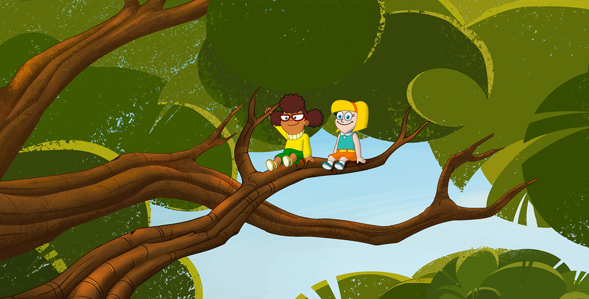 In an image from Disney Branded Television’s Hamster & Gretel, Bailey (voiced by Priah Ferguson), left, and Gretel (voiced by Meli Povenmire), right, are sitting on the branch of a large tree. Bailey is wearing glasses and has brown hair; Gretel has blonde hair.