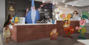 In a scene from the short film Once Upon a Studio, Moana holds Flounder. Merlin stands behind the counter at The Snuggly Duckling café and waves his magic wand. Chip and Mrs. Potts are airlifted above the counter. Cogsworth, March Hare, and the Mad Hatter are standing in front of the counter. Lucille Krunklehorn is on the other side of the counter.