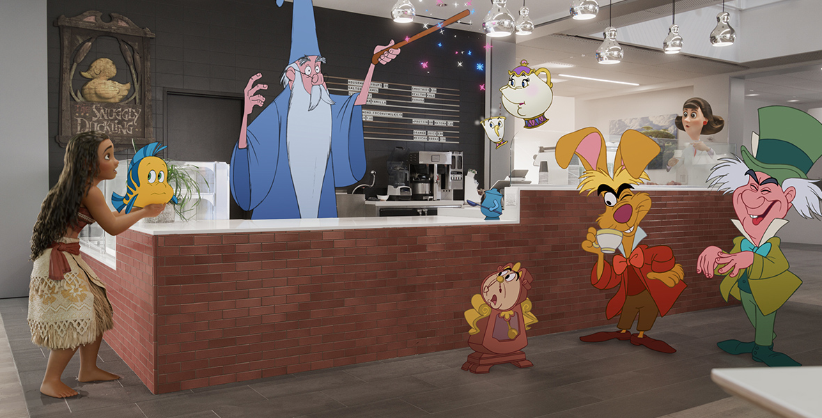 In an image from Walt Disney Animation Studios’ Once Upon a Studio, several iconic characters from the 100 years of Disney animation history are surrounding the coffee stand inside the Disney animation building—including (from left to right) Moana, Flounder, Merlin, Mrs. Potts and Chip, Cogsworth, the Mad Hatter, and more.