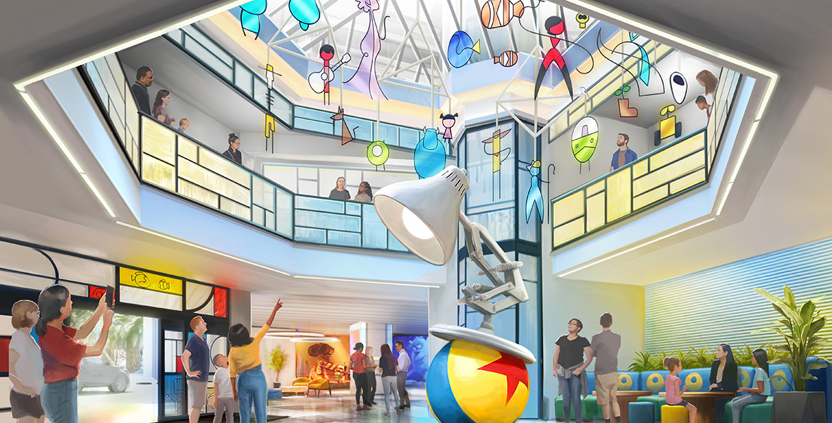 The light-filled atrium and lobby of the hotel features a large sculpture of the Luxo Junior lamp on top of the iconic Pixar ball with a blue stripe and red star. Above the ground floor are suspending sculptural elements, including some flying Pixar characters.