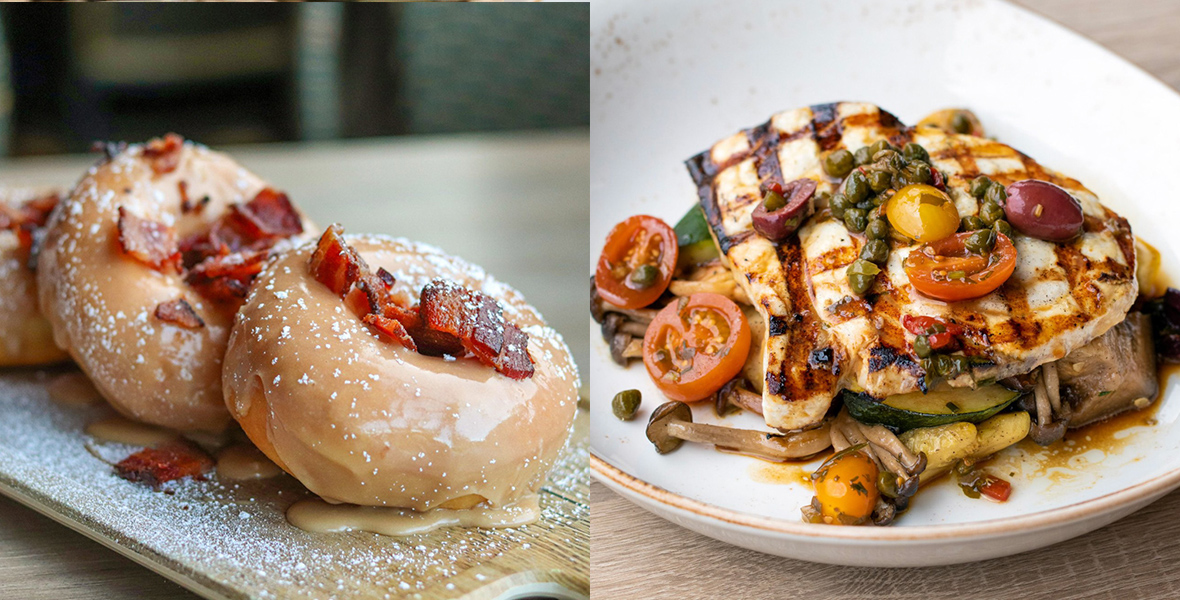 A pair of photos depict three maple-bacon doughnuts on a serving platter on the left and a chicken filet dish with vegetables on the right.