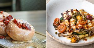 A pair of photos depict three maple-bacon doughnuts on a serving platter on the left and a chicken filet dish with vegetables on the right.