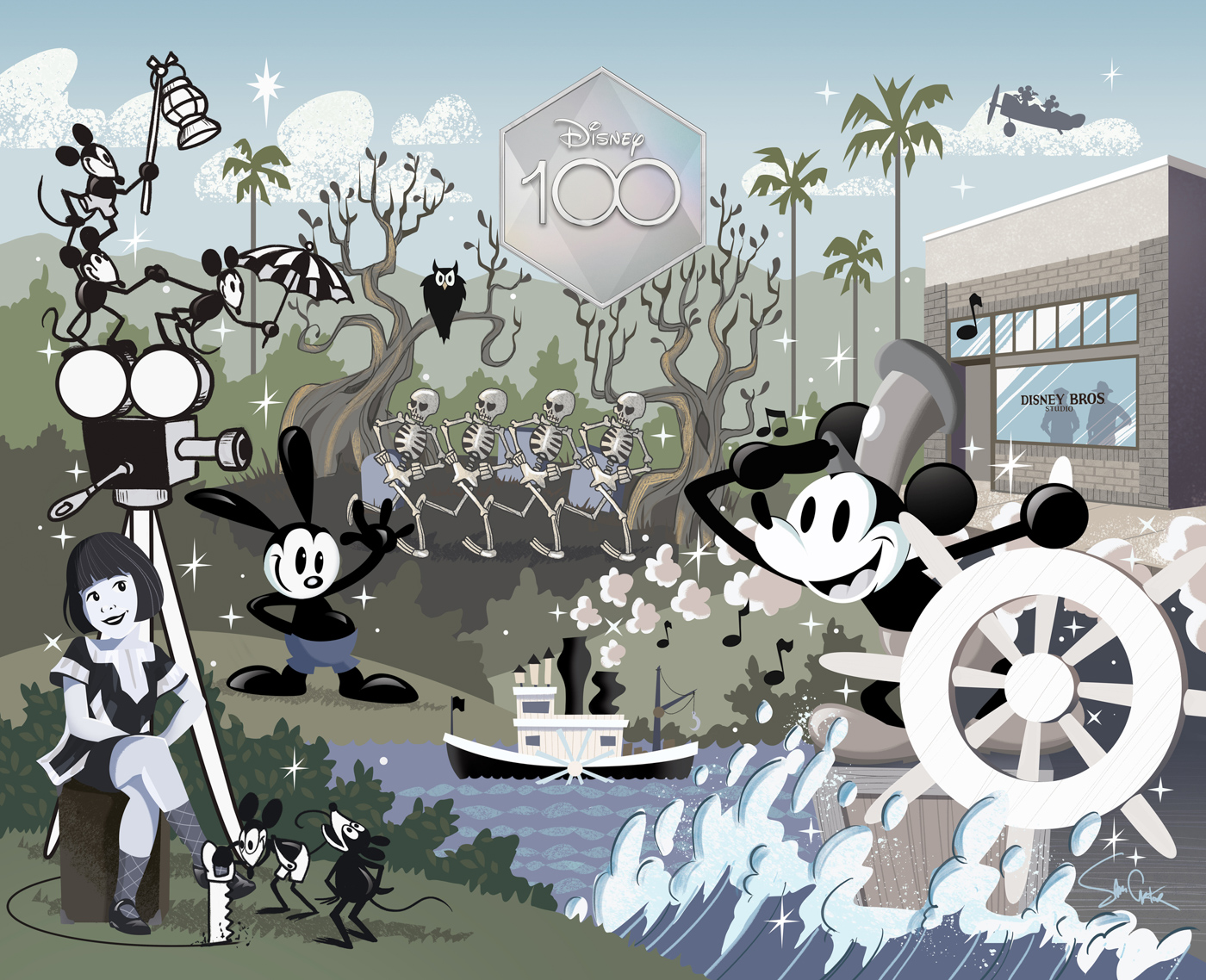 Illustration highlighting career milestones of Disney’s first 10 years, including Steamboat Willie, The Skeleton Dance, and the Alice Comedies. The art is all black and white against an illustrated green, forest background. In the top center of the art is an iridescent, diamond-like logo for Disney100.