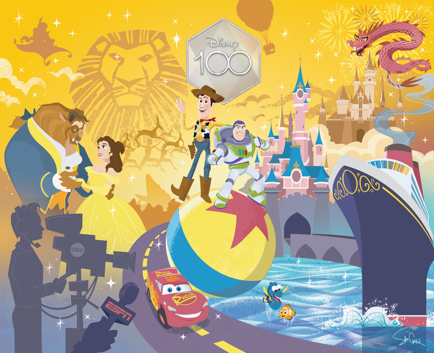 An illustration highlighting Disney’s major accomplishments in the 1990s and early 2000s. Featured art includes Beauty and the Beast, Buzz and Woody standing on the Pixar ball, Disney Cruise Line, Hong Kong Disneyland, Nemo and Dory, The Lion King on Broadway logo, the silhouettes of an ABC camera operator, an ESPN microphone and flag, Aladdin and Jasmine, and the house from Pixar’s Up. The illustrations are set against a golden yellow background filled with clouds and sparkles. In the top center of the art is an iridescent, diamond-like logo for Disney100.