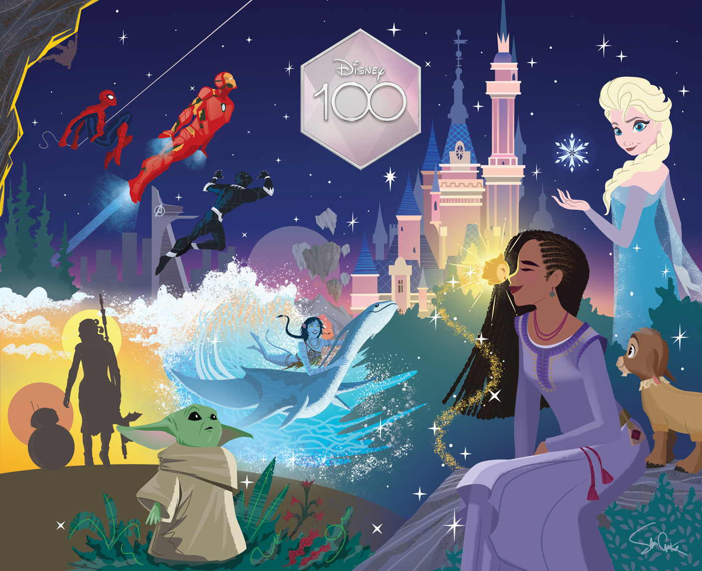 Art celebrating Disney’s modern-day milestones, including Marvel Studios’ Iron Man, Spider-Man, and Black Panther soaring through the sky; Lucasfilm’s Rey and BB-8 walking along the Jau desert; Kiri from Avatar: The Way of Water; Elsa; Grogu; and Asha, Star, and Valentino from Wish. In the background, Shanghai Disneyland’s castle and Avenger’s Tower sit against a purple, starry sky. In the top center of the art is an iridescent, diamond-like logo for Disney100.