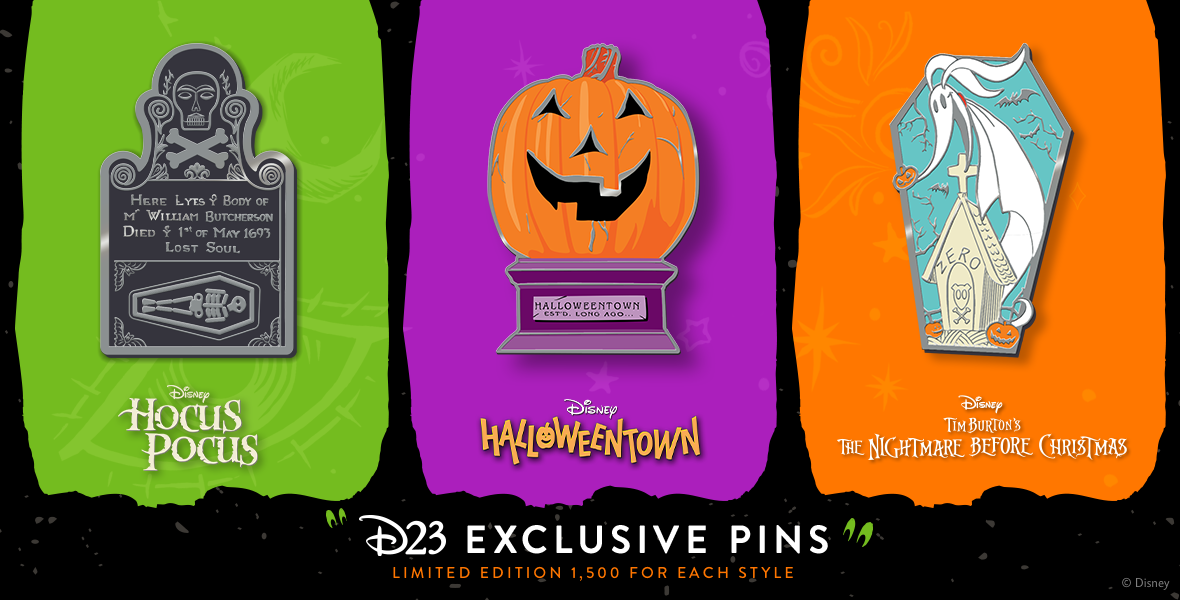 Artwork featuring D23-exclusive pins celebrating Hocus Pocus’ 30th anniversary, Halloweentown’ 25th anniversary, and Tim Burton’s The Nightmare Before Christmas’ 30th anniversary.