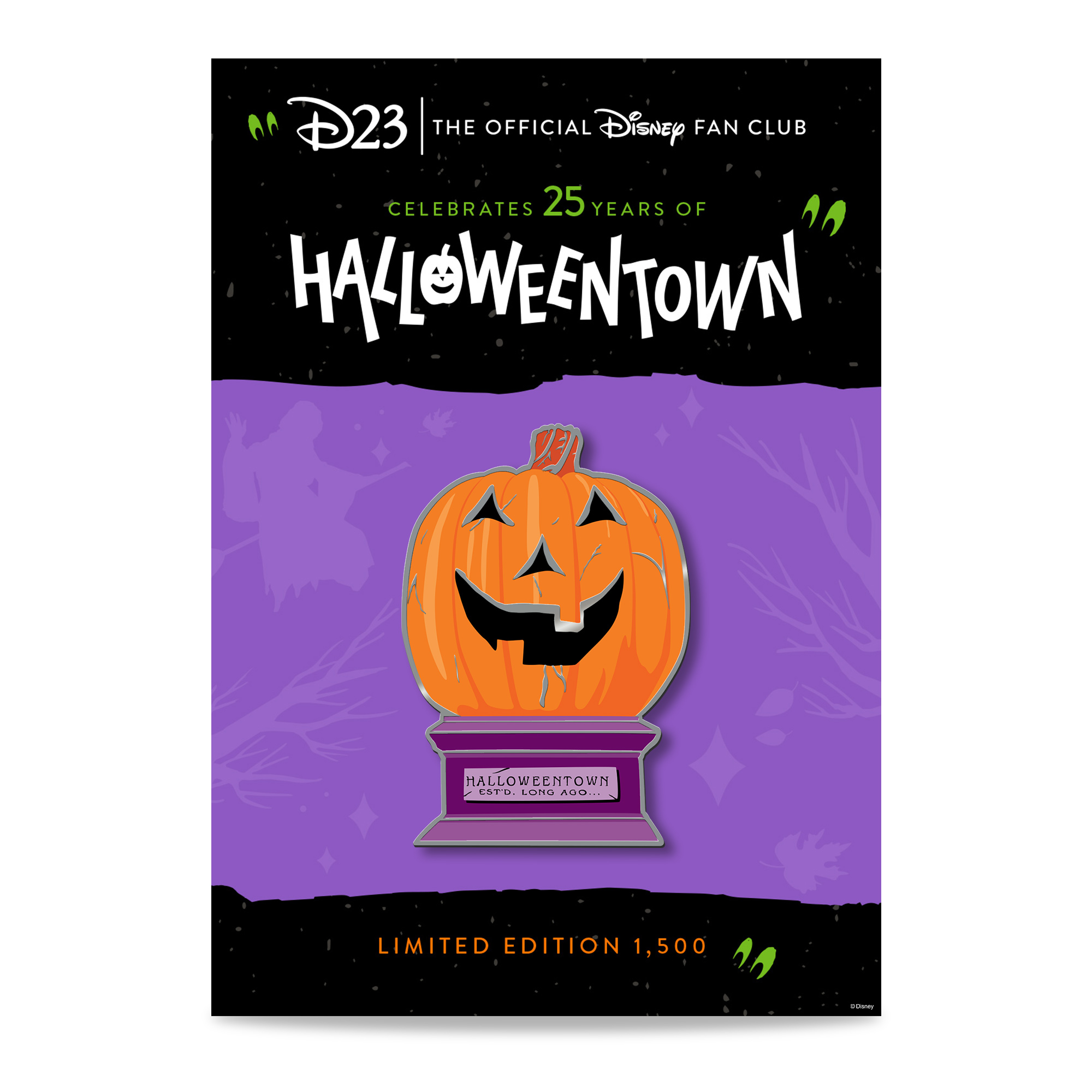 Artwork featuring D23-exclusive Halloweentown 25th Anniversary Pin. Artwork of pin is purple and orange with silver elements, inspired by the iconic town-square Jack O’ Lantern. The pin is featured on a backer card with purple and black Halloween designs.