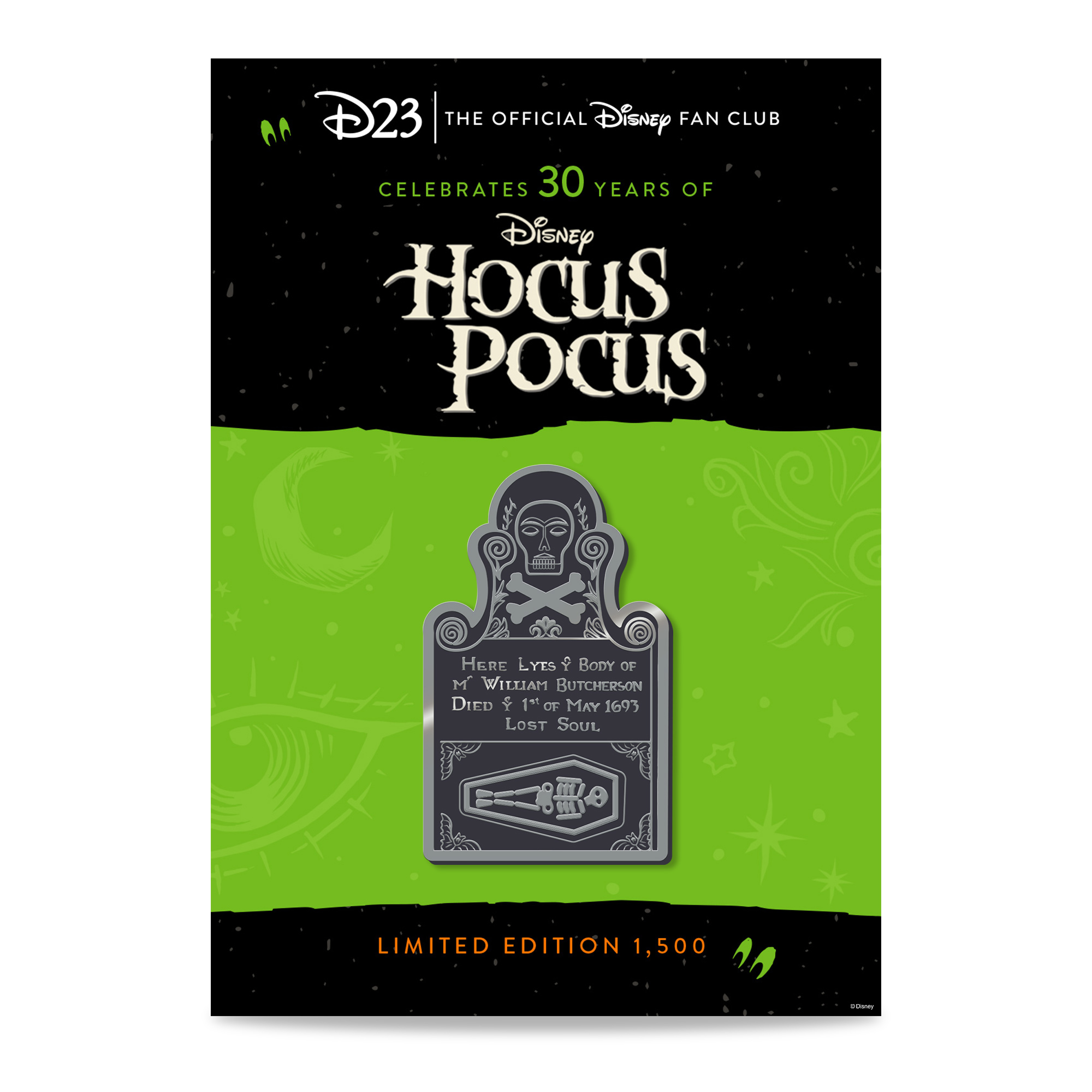 Artwork featuring D23-exclusive the Hocus Pocus 30th Anniversary pin. The artwork of the pin is black with silver elements inspired by Billy Butcherson’s gravestone. The pin itself is set on a backer card with green and black Halloween designs.