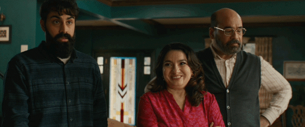 A gif of Aamir Khan shifting his gaze and looking perplexed, Muneeba Khan smiling and nodding, and Yusuf Khan shaking his head and placing his hands on his hips