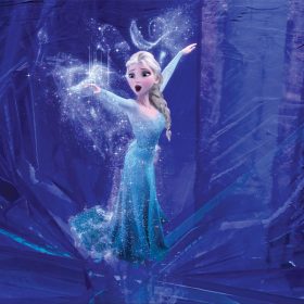 Elsa stands with her arms outstretched, sparkly magic surrounding her as she sings inside her ice palace.