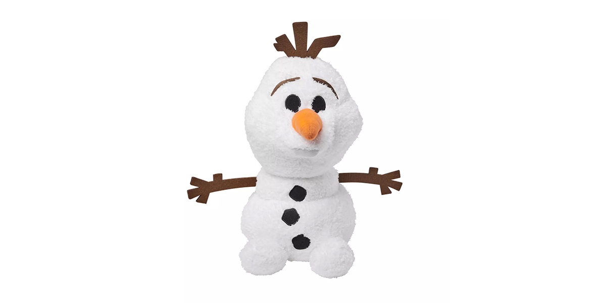 A plushie of Olaf, a snowman composed of two snowballs for his body and one large snowball for his head. He has stick arms and hair, coal buttons and eyes, and a carrot nose.