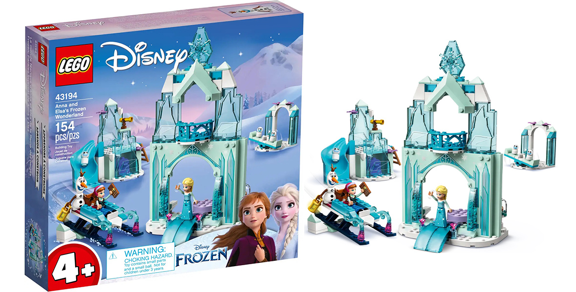 The LEGO set and box for a scene featuring Anna, Elsa, and Olaf playing in an ice castle with several small snowmen.