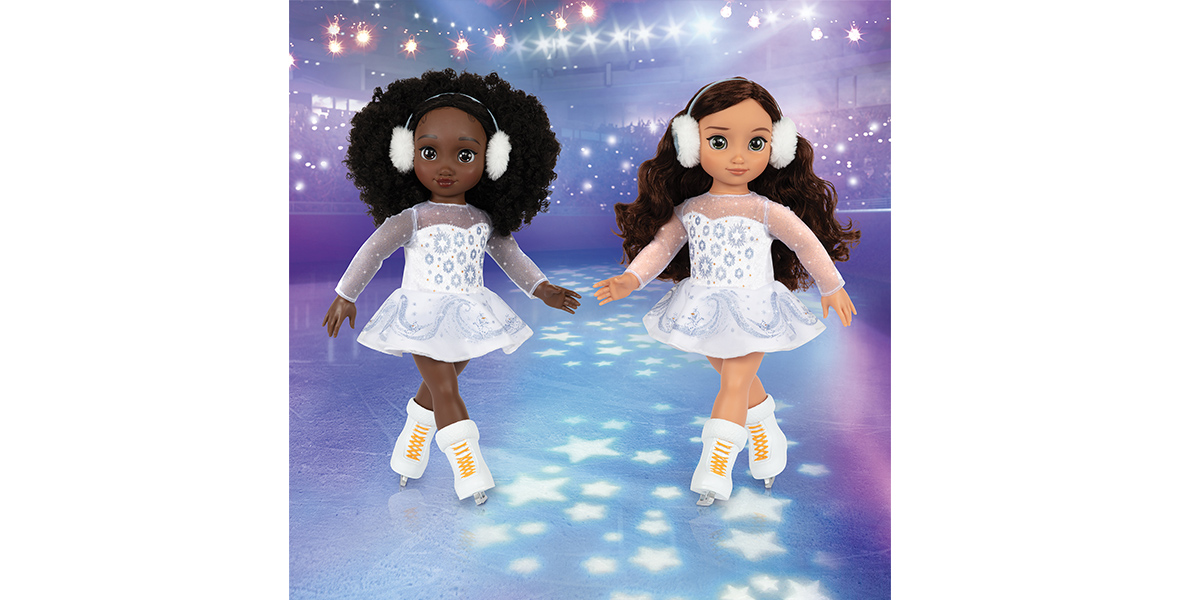 Two dolls are posed as if they are ice skating, each wearing white ear muffs, white dresses with glitter accents, and white ice skates.