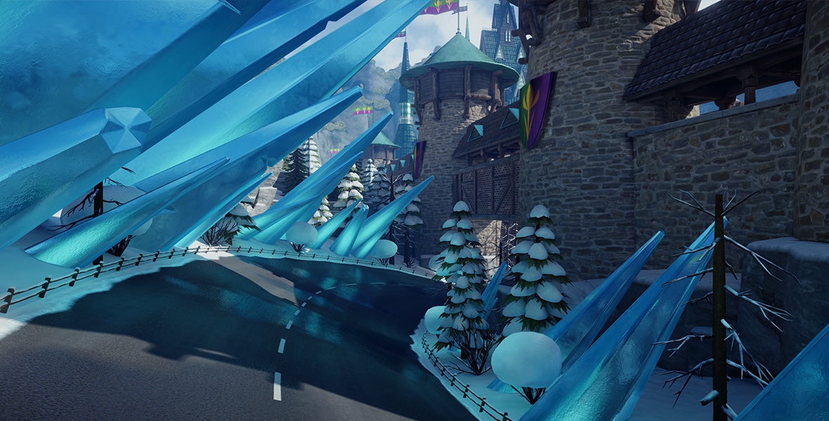 The Arendelle racing environment from Disney Speedstorm, featuring a road flanked by giant spikes of ice. Ahead of the road is the Arendelle Castle.