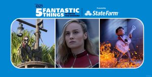 Left: In an image from season 2 of Disney+ Behind the Attraction, a skeleton looking into a spyglass is seen in a pirate ship’s lookout as part of the Pirates of the Caribbean attraction. Middle: In an image from Marvel Studios’ The Marvels, Captain Marvel (Brie Larson) is seen in her usual Super Hero suit, looking seriously at something off-camera and to the left. Right: In an image from Disney and Pixar’s Coco, Miguel (voiced by Anthony Gonzalez) is seen playing a white guitar and smiling broadly. Glowing leaves and petals swirl up around him.
