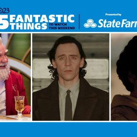 Left: In an image from Disney+’s The Santa Clauses season 2, Scott Calvin, a.k.a. Santa Claus (Disney Legend Tim Allen) sits at a table in a red suit, with a cup of cider in front of him. He is smiling. Right: In an image from Marvel Studios’ Loki, the God of Mischief (Tom Hiddleston) is standing in a room at the TVA, staring forward; a fairly bright light is shining on his face. Left: In an image from Lucasfilm’s Star Wars: The Empire Strikes Back, Princess Leia (Disney Legend Carrie Fisher) is seen half in shadow, looking at someone off camera to the right. Her hair is in braids that form an iconic crown style around her head, and her chin is lightly resting on her gloved hand.