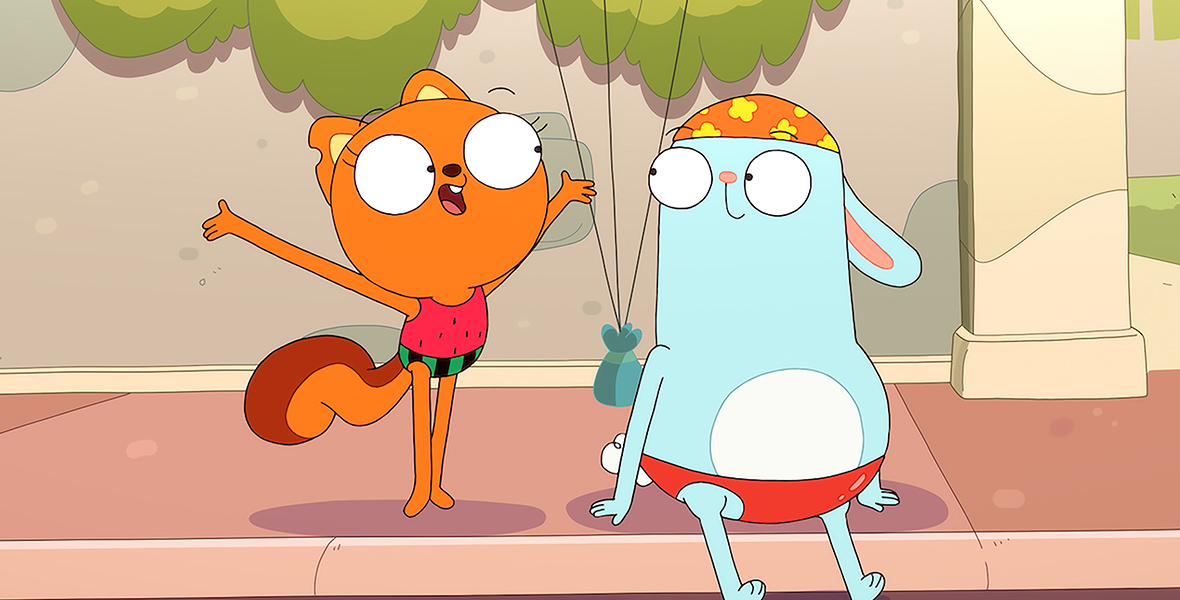 In an image from Disney Branded Television’s Kiff, squirrel Kiff (voiced by Kimiko Glenn), left, and rabbit Barry (voiced by H. Michael Croner), right, are seen in bathing suits on a sidewalk.