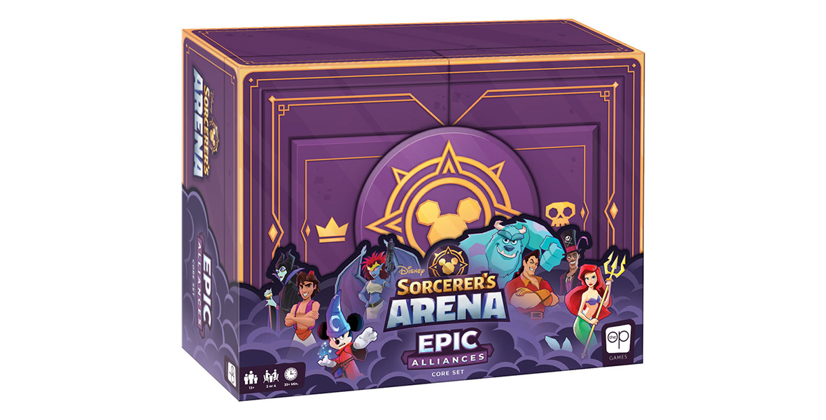 An image of the box for the Disney Sorcerer’s Arena Epic Alliances Core Set game box. It’s purple, with the logo for the game seen at the center; several Disney characters are around said logo, including Sully from Monsters Inc, Gaston from Beauty and the Beast, and Aladdin.