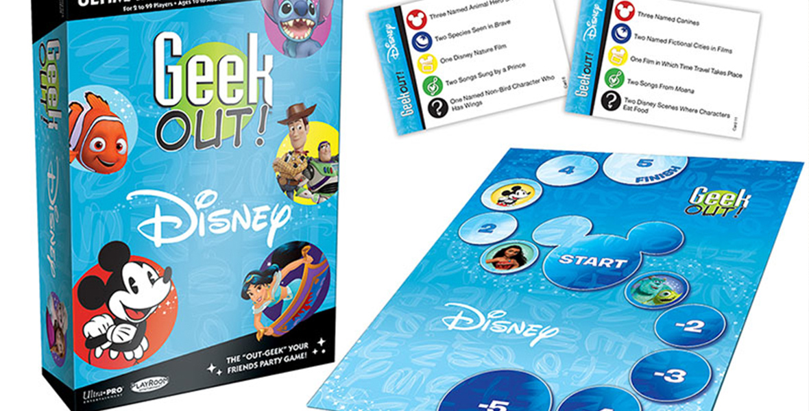 An image of the Geek Out! Disney game box, with its board and several question cards seen to the right of it. Several Disney characters are seen on the box, including Mickey Mouse, Woody and Buzz Lightyear from the Toy Story franchise, and Stitch from Lilo and Stitch.