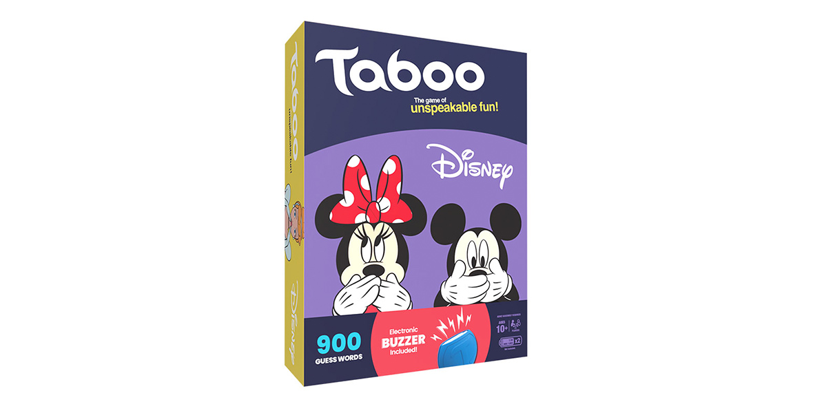 The box for the Taboo Disney game against a white background. On the box itself, against a purple background, Minnie Mouse and Mickey Mouse (l-r) are seen covering their mouths with their hands; above the pair is both the Taboo logo and the Disney logo.