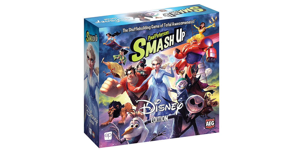 An image of the Smash Up: Disney Edition game box. The logo is in the upper center of the box, and many Disney characters are seen below said logo, including Elsa and Olaf from Frozen, Ralph and Vanellope from Wreck-It Ralph, Scar from The Lion King, Jack Skellington from Tim Burton’s The Nightmare Before Christmas, Mulan, and Baymax from Big Hero 6.