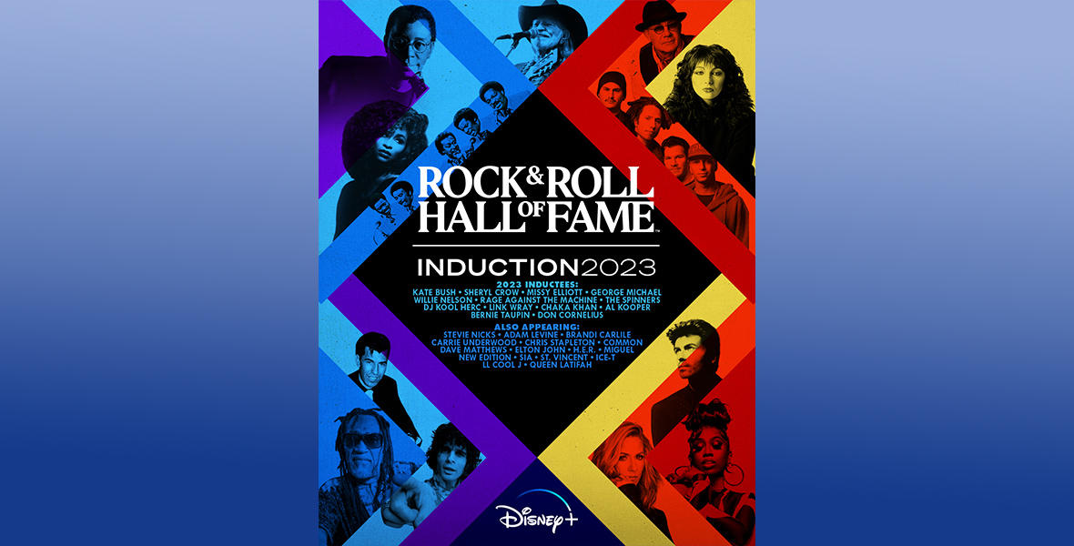 Key art for the 2023 Rock & Roll Hall of Fame Induction Ceremony. The logo for the ceremony is seen at the center of the image, surrounded by bold colorful graphics in blue, purple, red, orange, and yellow, as well as depictions of this year’s class of inductees—including Kate Bush, Sheryl Crow, George Michael, Missy Elliott, DJ Kool Herc, Chaka Khan, Don Cornelius, and more.