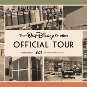 7 black and white pictures are gridded together with a white box that has black text reading “The Walt Disney Studios Official Tour Presented By D23 The Official Disney Fan Club” in the middle of the page. The 3 pictures on top include (from left to right) a water tower reading “The Walt Disney Company”, a bunch of paint bottles sitting on shelves, and the wall of a studio. The 4 pictures on the bottom include (from left to right) a hallway with Steam Boat Willy printed on the floor in his sailor outfit and cap holding onto the boat wheel, handprint plaques that hang on the wall, an office filled with books on shelves, and half of the Walt Disney statue holding Mickey Mouse's hand, looking up at 3 of the 7 dwarfs on the top of a buildings trim.