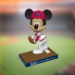 A 3D Rendering of a Mickey Mouse bobblehead wearing a Los Angeles Angels baseball uniform and a red baseball cap that reads D23.