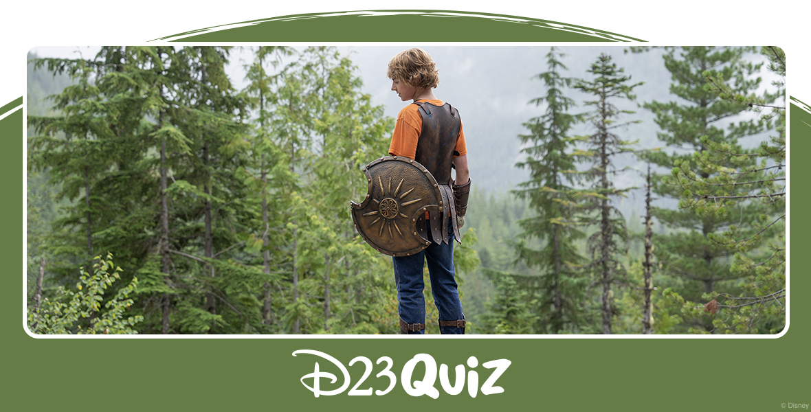 Percy Jackson stands with his back to the viewer, slightly looking over his left shoulder. He is holding a bronze shield in his left hand. In the distance is a thick forest of pine trees