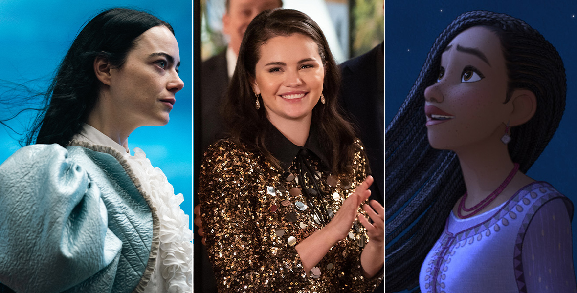 A triptych of Emma Stone as Bella Baxter in Poor Things, Selena Gomez as Mabel Mora in Only Murders in the Building, and Asha in Wish