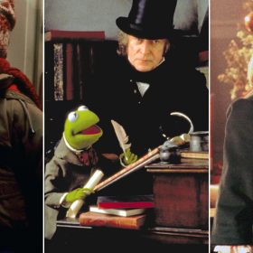 In a triptych of images from Disney and Disney-adjacent holiday films, from left to right, Kevin McCallister (Macauley Culkin) is bundled up in winterwear and standing against the door; Ebenezer Scrooge (Michael Caine) is looking seriously at something off camera while Bob Cratchit (Kermit the Frog) sits at his work podium, parchment in hand; and Mara Wilson as Susan in 1994’s Miracle on 34th Street, standing in front of a Christmas tree wearing a dark colored button-up winter coat.