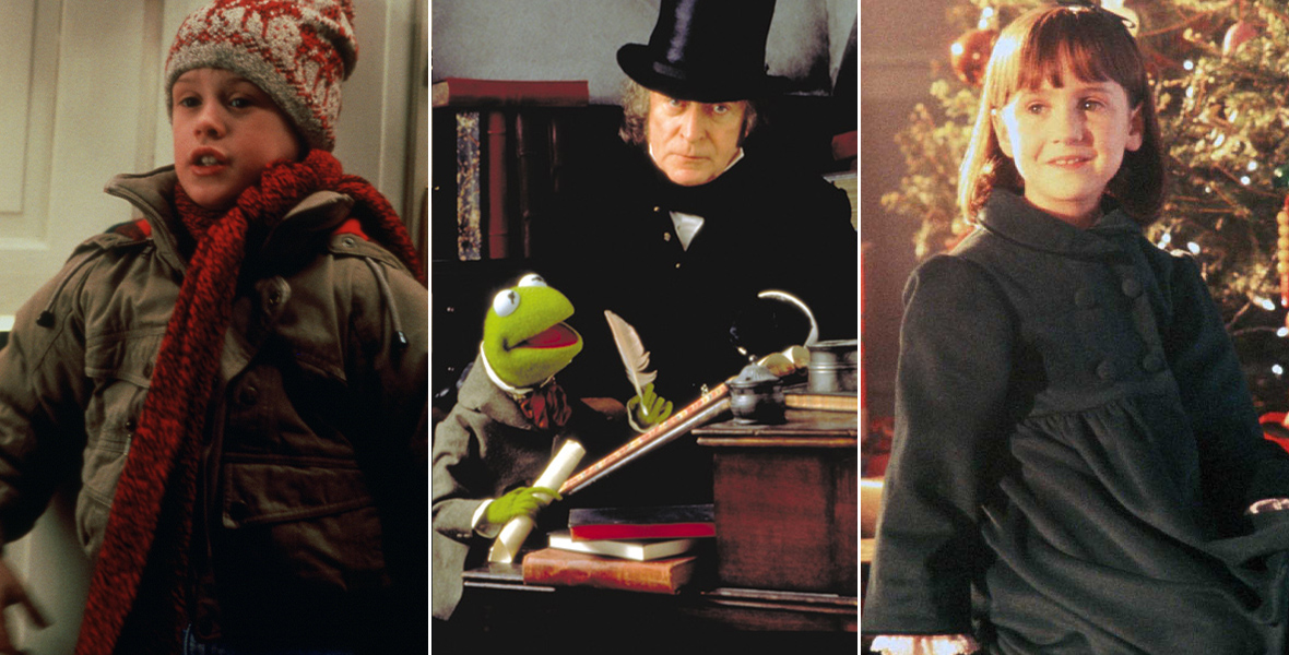 In a triptych of images from Disney and Disney-adjacent holiday films, from left to right, Kevin McCallister (Macauley Culkin) is bundled up in winterwear and standing against the door; Ebenezer Scrooge (Michael Caine) is looking seriously at something off camera while Bob Cratchit (Kermit the Frog) sits at his work podium, parchment in hand; and Mara Wilson as Susan in 1994’s Miracle on 34th Street, standing in front of a Christmas tree wearing a dark colored button-up winter coat.