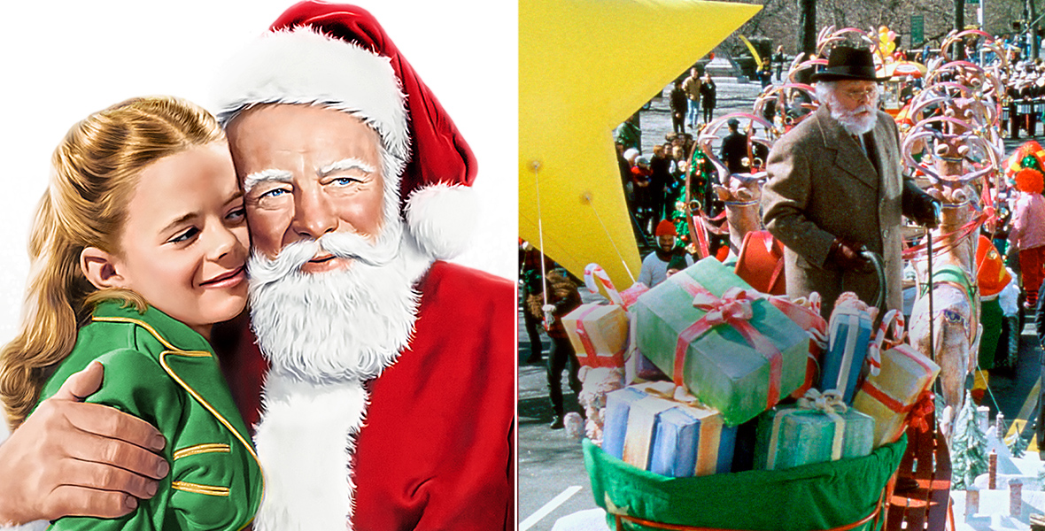 In a split image, on the left, a colorized image of Natalie Wood as Susan and Edmund Gwenn as Kris Kringle in 1947’s Miracle on 34th Street; on the right, Sir Richard Attenborough as Kris Kringle, dressed in his “normal” clothing, up on top a float in the Macy’s Thanksgiving Day Parade.