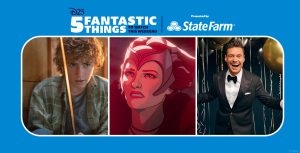 Left: In an image from Disney+’s Percy Jackson and the Olympians, Percy (Walker Scobell) is crouching down near some wooden boxes while holding a sword. He’s wearing a green plaid button-up shirt and jeans. Middle: In an image from Marvel Studios’ animated Disney+ series What If? season 2, Wanda Merlin is bathed in red light. Fire appears to be coming out of one of her hands; she is looking at something offscreen to the left. Right: In a promotional image for Dick Clark’s New Year’s Rockin’ Eve with Ryan Seacrest 2024, host Ryan Seacrest is wearing a tuxedo and smiling for the camera. He is holding several gold balloons, and more gold and black balloons hover behind him.