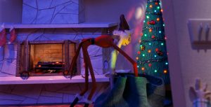In an image from Tim Burton&rsquo;s The Nightmare Before Christmas, Jack Skellington (voiced by Chris Sarandon) is dressed like Santa Claus and placing gifts under a Christmas tree. There is a fireplace to his left, above which are hung several stockings.