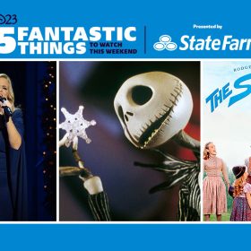 Left: In an image from CMA Country Christmas, Trisha Yearwood is wearing a dark blue gown and singing passionately into a microphone. Middle: In an image from Tim Burton’s The Nightmare Before Christmas, Jack Skellington (voiced by Chris Sarandon) is holding up a snowflake and admiring it. He has a large, round skull-like face and boney fingers. Right: In a press image for The Sound of Music, Disney Legend Julie Andrews is seen as Maria, on a mountaintop in Austria, alongside some of the Von Trapp children.