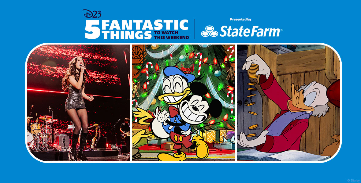 Left: In an image from the iHeartRadio Jingle Ball Tour Presented by Capital One, Olivia Rodrigo is onstage performing. She’s jumping into the air, excitedly singing into a mic, wearing a gunmetal gray dress and boots. Middle: In an image from Duck the Halls: A Mickey Mouse Christmas Special, Donald Duck and Mickey Mouse are hugging and smiling in front of a Christmas tree. Right: In an image from Mickey’s Christmas Carol, Scrooge McDuck as Ebenezer sits at his desk, in a big wooden chair, counting money. There’s a ledger in front of him.