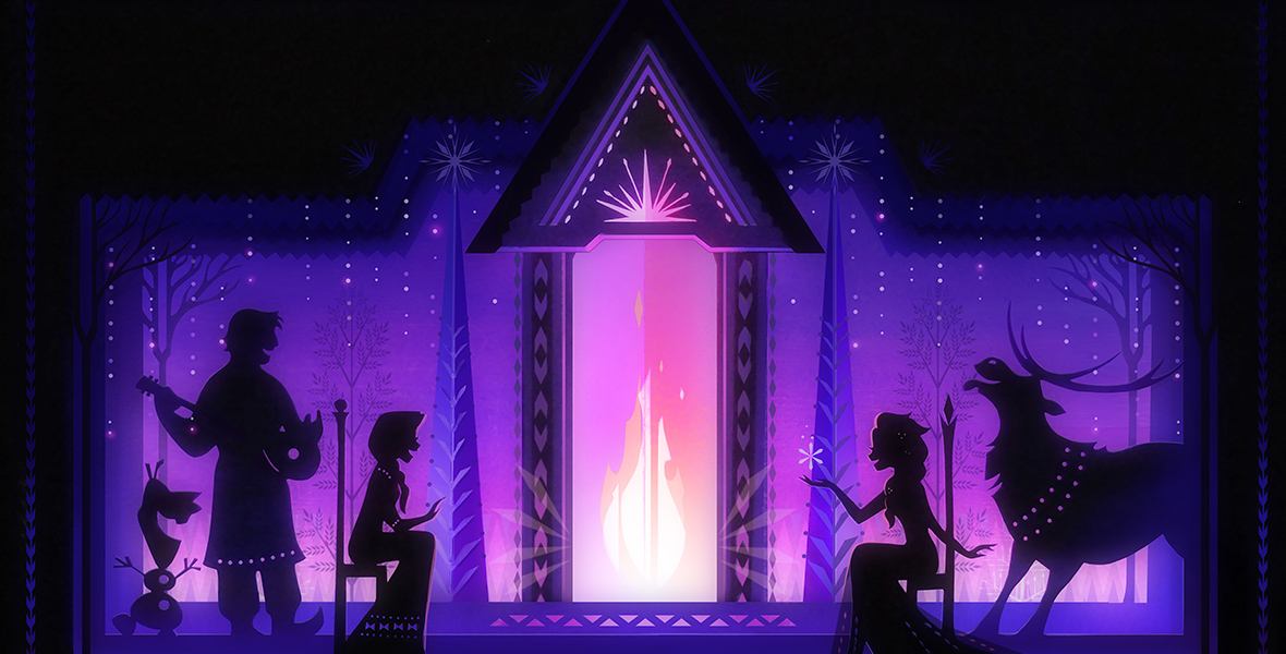 In an image from the Arendelle Castle Yule Log Cut Paper Edition, silhouettes of (from left to right) Olaf, Kristoff, Anna, Elsa, and Sven can be seen around a stylized fireplace. Stylized snow is falling from the sky and trees pepper the landscape.