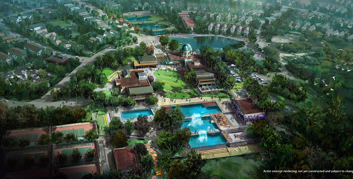 A rendering of the newly announced Asteria Community by Storyliving by Disney in North Carolina showcases a verdant community with signature Disney touches.