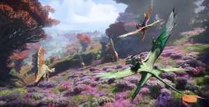 Several Na&rsquo;vi ride their banshees over a field of purple flowers. In the distance, a valley with orange-leafed trees sprawls to the horizon.