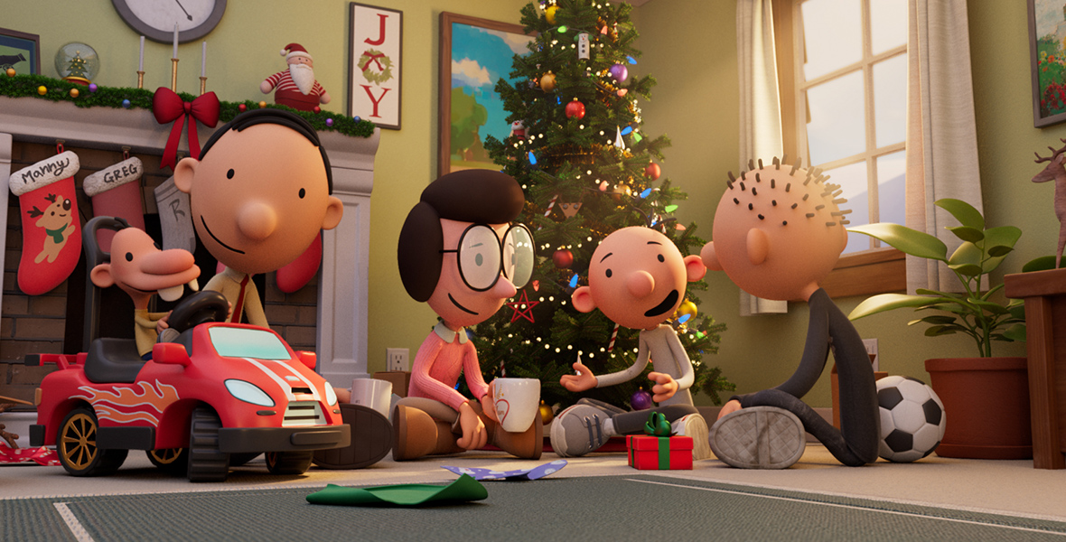 In an image from Diary of a Wimpy Kid Christmas: Cabin Fever, Manny (voiced by Gracen Newton), Frank Heffley (voiced by Chris Diamantopoulos), Susan (voiced by Erica Cerra), Greg (voiced by Wesley Kimmel), and Rodrick (voiced by Hunter Dillon) are sitting around the Christmas tree in the living room, looking at some toys and talking. To the left of the Christmas tree is a hearth, above which are hung several stockings; to the right of the tree is a window, through which sunlight streams in.