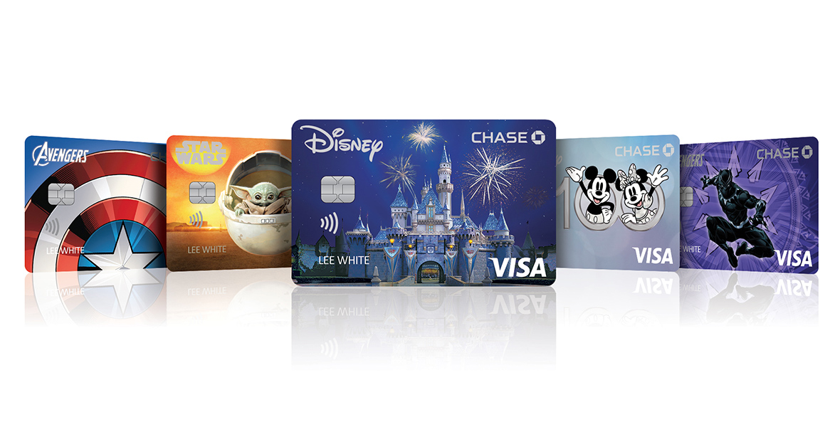 An array of Disney Chase Visa cards is seen with brand icons from left to right, Captain America’s shield/Avengers, Grogu/Star Wars, Cinderella’s castle at Walt Disney World at center, a Disney100 platinum design with Mickey and Minnie, and Black Panther.