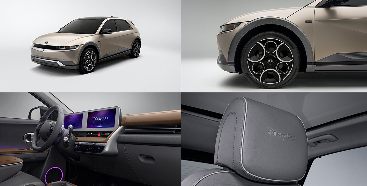 Four images of the Disney100 Platinum Edition showcase signature details. From Top left to Bottom right: Full car view; Close-up of hidden Mickeys in wheel hubcap; closeup of interior with Disney100 on screen control; closeup of seatback with Disney100 embossed. 