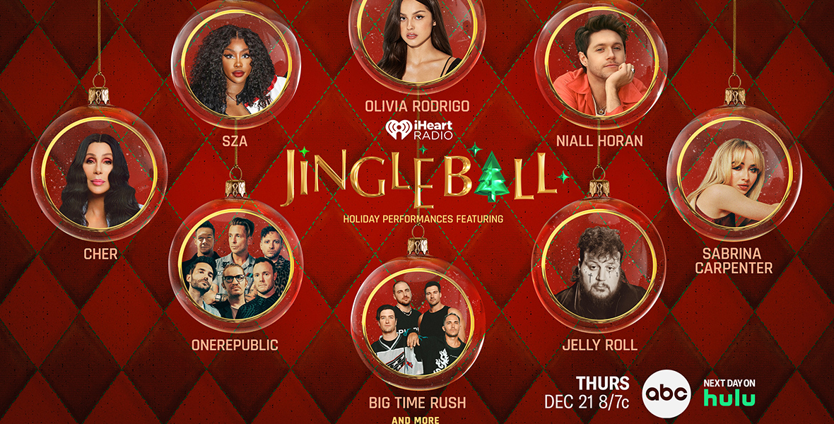 In key art for the iHeartRadio Jingle Ball Tour Presented by Capital One, images of several of the special’s performers can be seen around the show’s logo—including (clockwise from top) Olivia Rodrigo, Niall Horan, Sabrina Carpenter, Jelly Roll, Big Time Rush, OneRepublic, Cher, and SZA. Their images are inside Christmas ornaments, and the background is a holiday red checkerboard.