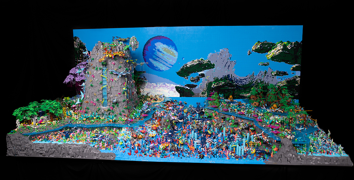 The LEGO set build of the alien moon of Pandora is seen on a tabletop.