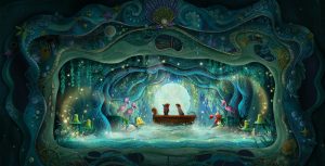 In an artist’s rendering from the upcoming The Little Mermaid – A Musical Adventure show at Disney’s Hollywood Studios, Ariel and Prince Eric are seen in the Kiss the Girl scene, sitting in a boat; Sebastian the crab is on the right side and Flounder the fish is on the left side. Frogs and flamingoes sit on either side in the foreground and stars are all around the couple. They are framed by all manner of sea creatures depicted on the proscenium of the stage.