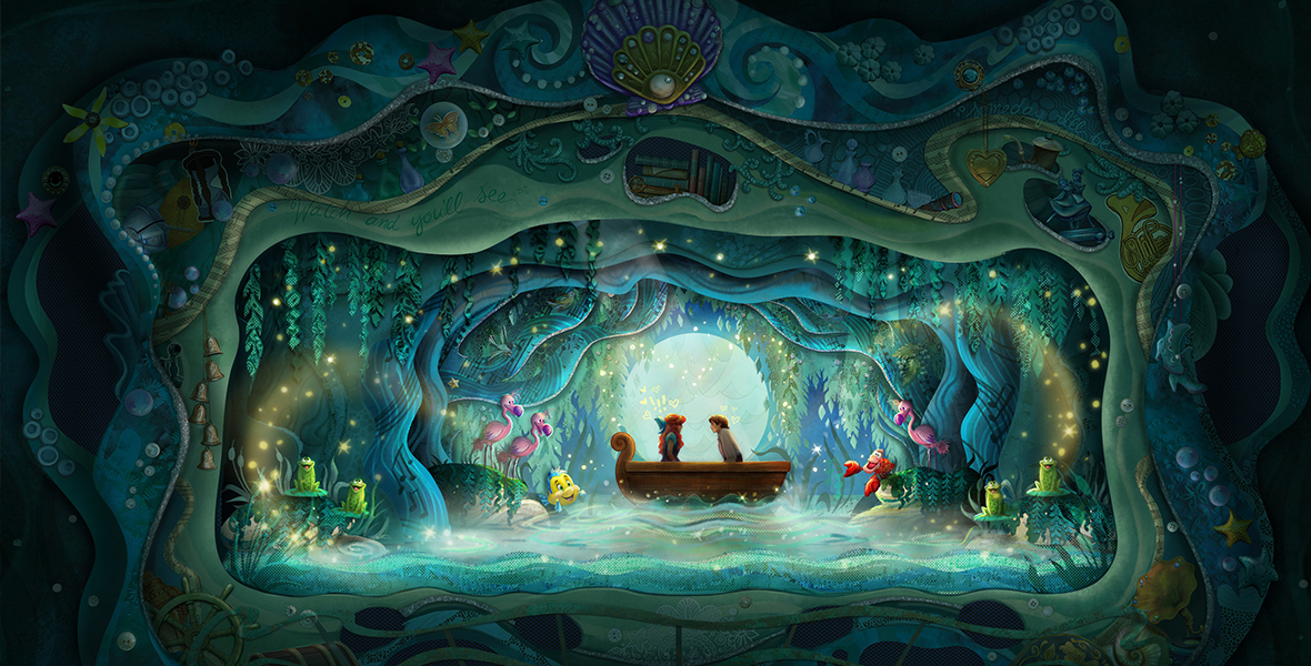 In an artist’s rendering from the upcoming The Little Mermaid – A Musical Adventure show at Disney’s Hollywood Studios, Ariel and Prince Eric are seen in the Kiss the Girl scene, sitting in a boat; Sebastian the crab is on the right side and Flounder the fish is on the left side. Frogs and flamingoes sit on either side in the foreground and stars are all around the couple. They are framed by all manner of sea creatures depicted on the proscenium of the stage.