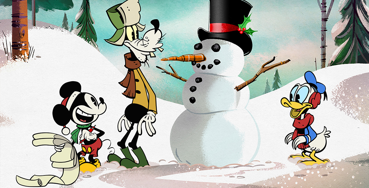 In an image from Duck the Halls: A Mickey Mouse Christmas Special, Mickey Mouse, Goofy, and Donald Duck are wearing winter gear (hats, scarves, gloves) and are outside in the snow building a snowman. Mickey is also holding some sort of long list.
